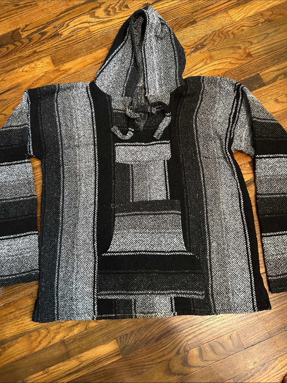 Artesanias Men's Black & Gray Striped Hooded Baja Pullover